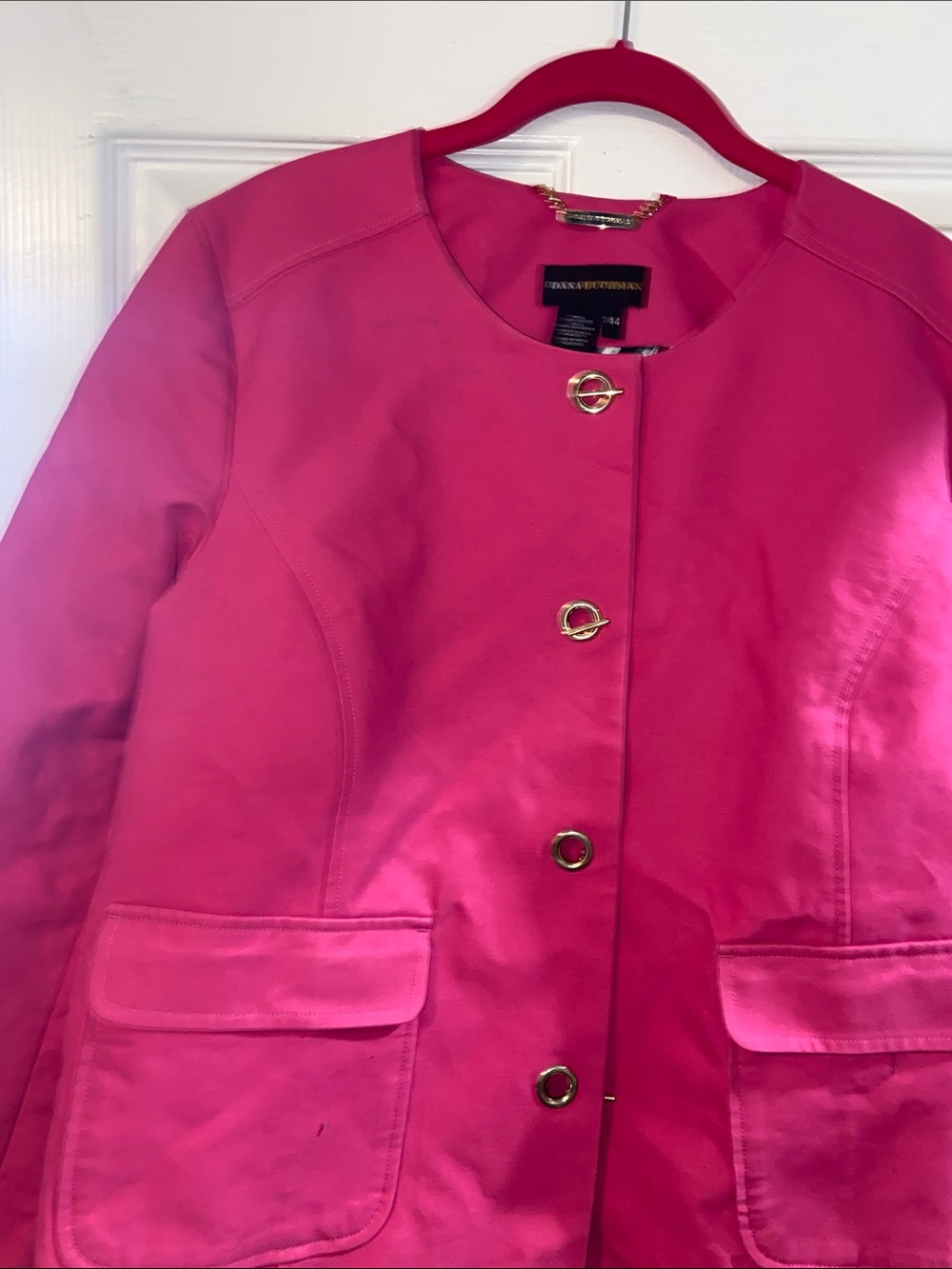 Dana Buchman Bright Hot Pink Collarless Blazer with Gold Buttons